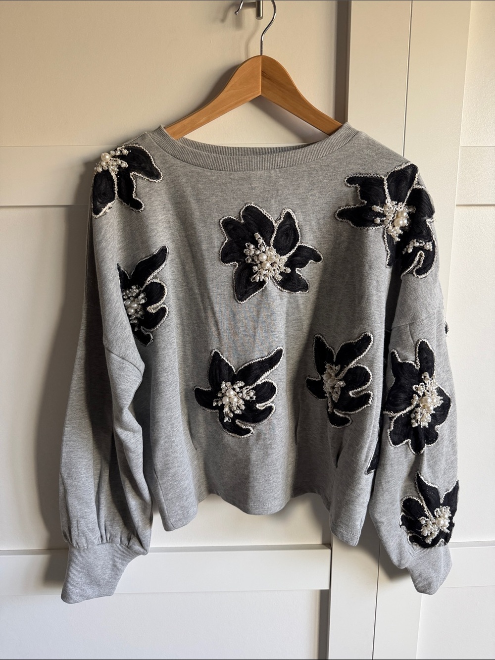 Anthropologie Embellished Floral Appliqué Sweatshirt in Light Gray